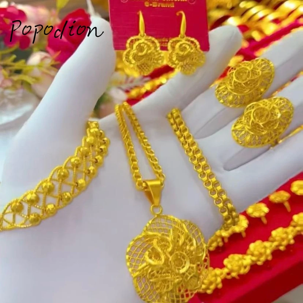 Женское ожерелье кольцо и браслет из Дубая с покрытием 24-каратным золотом