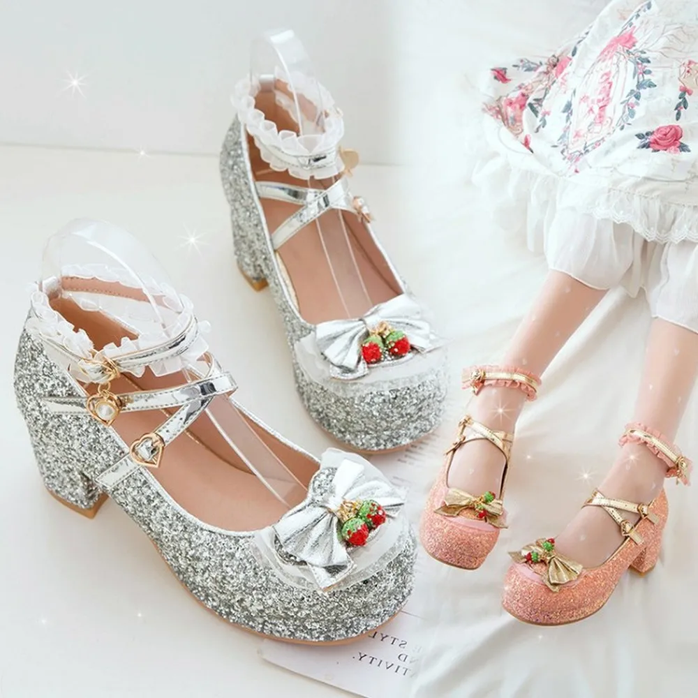 Женские туфли-лодочки с бантом и блестками на высоком каблуке