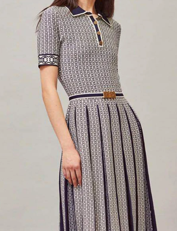 Women Dress 2022 Spring and Autumn New Print Lapel Knitted Stretch Women Casual A-Line Midi Dress 2
