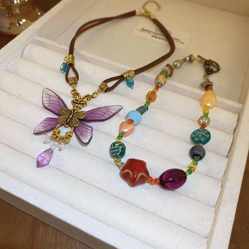 Fashion Butterfly Y2K Naszyjnik z dopaminą Słodki kolorowy koralik Łańcuch obojczykowy Koreański styl choker Codzienny