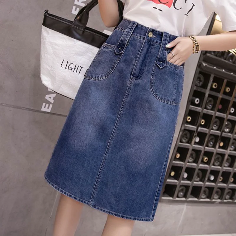 

Denim Skirt Long Women Blue Solid A-line Skirts Fashion Streetwear Casual Pocket High Waist Jeans Skirt Office Maxi Skirt Q536