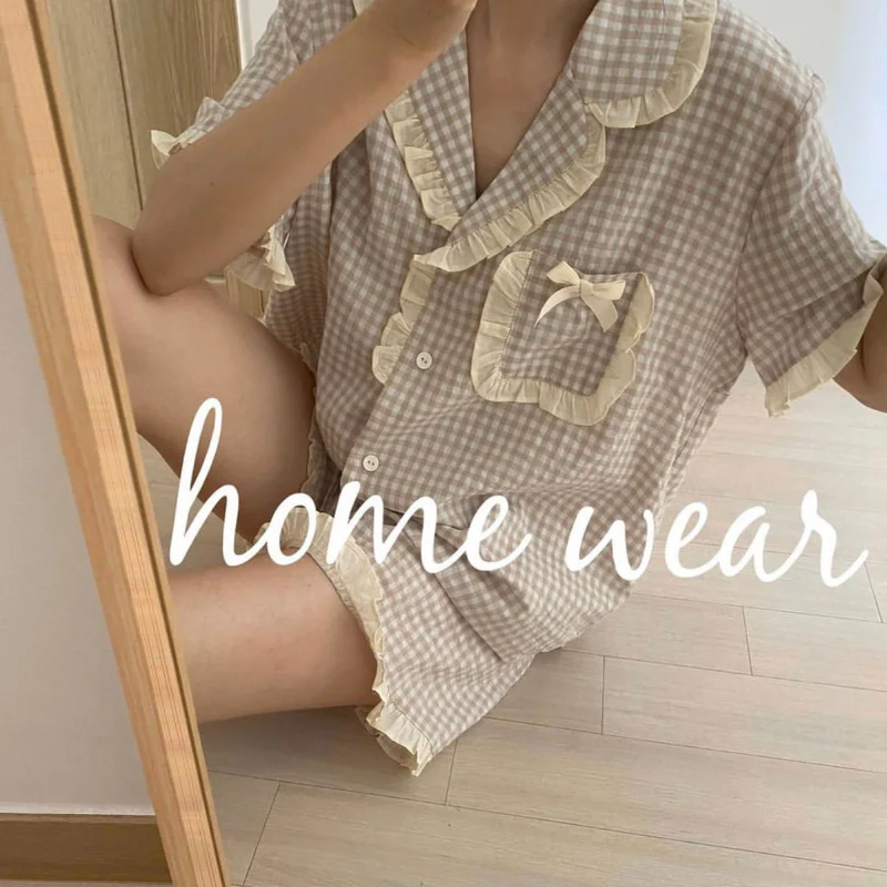 Korean Pajama for Women Summer Loungewear Sleepwear Sets Girls Sweet Plaid Lapel Pyjama Kawaii Ruffle Pijama Japanese Home Suit