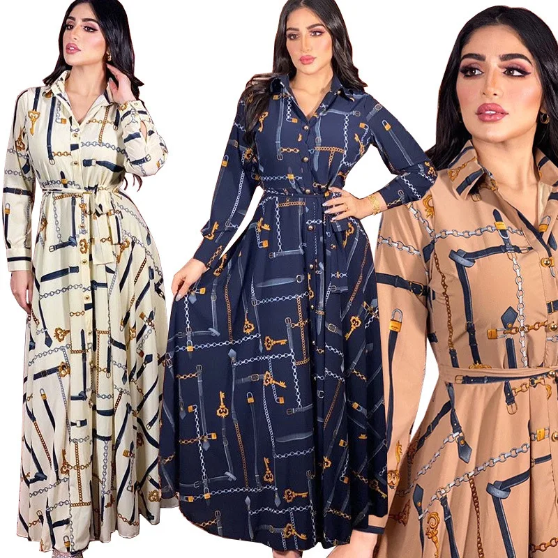 

2022 muslim style multicolor chain printed lady's shirt style long sleeves dress causal fashion women dress g165