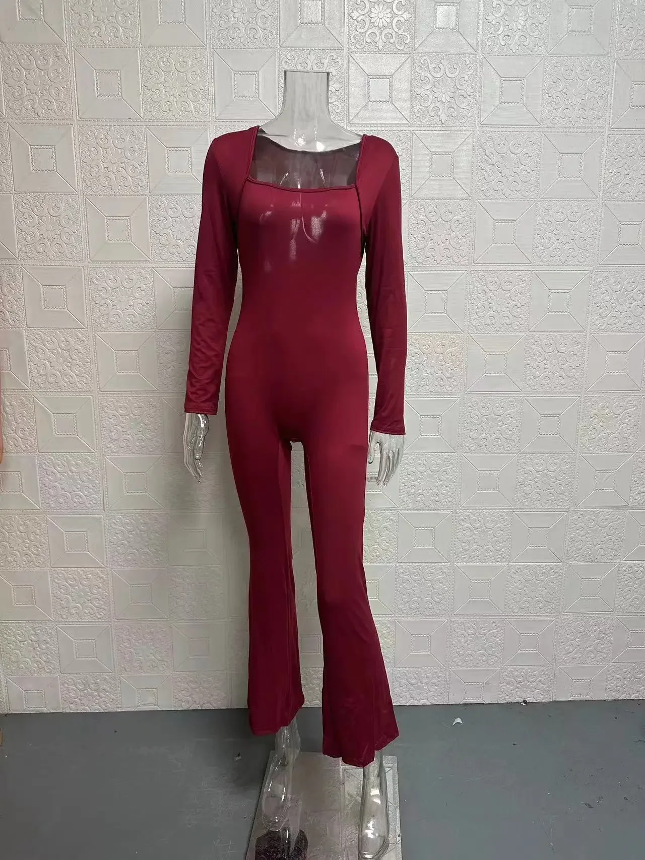 Foreign trade women's long sleeved waist cinching and lifting square collar wide leg high elastic jumpsuit