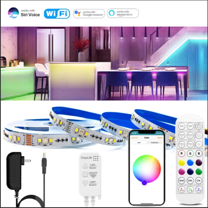 

Homekit DC12V 5050 Smart RGBCCT LED Flexible Strip Light WiFi Siri Voice with 24keys Remote Timing for Alexa/Google/Apple IOS