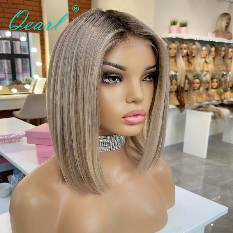 

Silky Straight Lace Frontal Wig Ombre Ash Blonde Real Human Hair Wigs for Women White Short Medium Bob Wig 13x4 Glueless Qearl