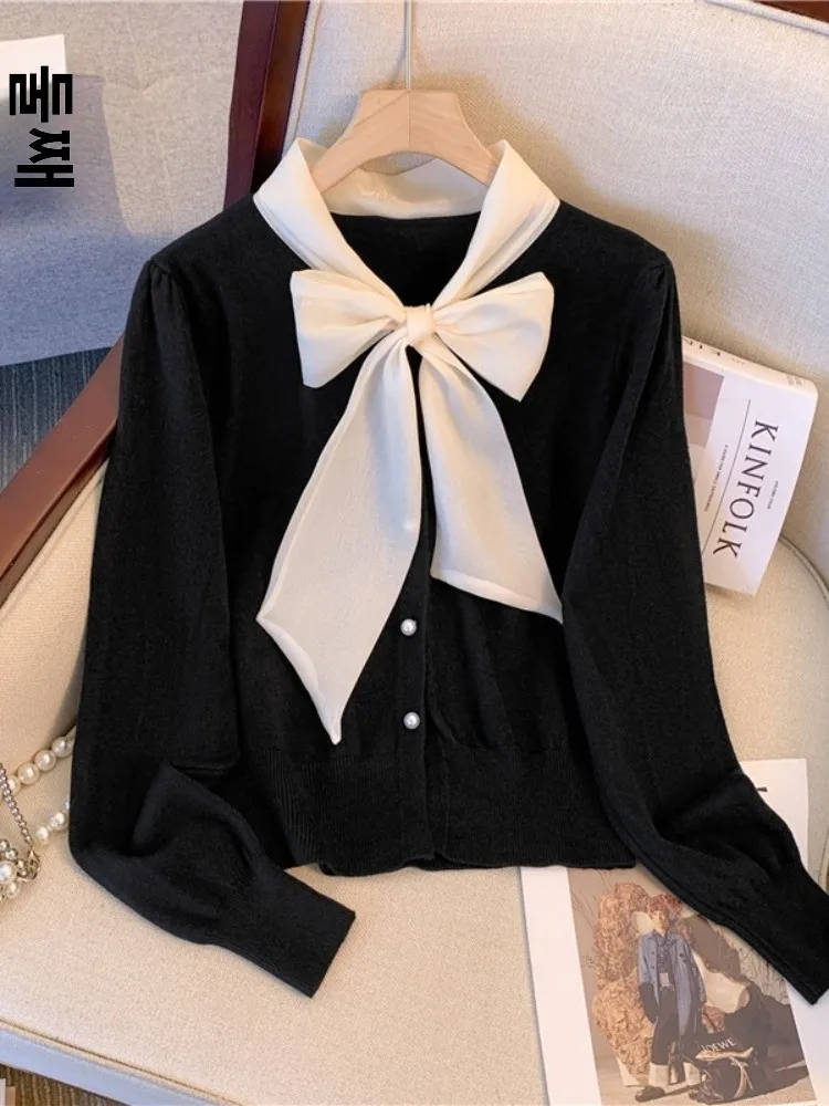 Вязаный женский осенний кардиган с французским бантом на шнуровке и