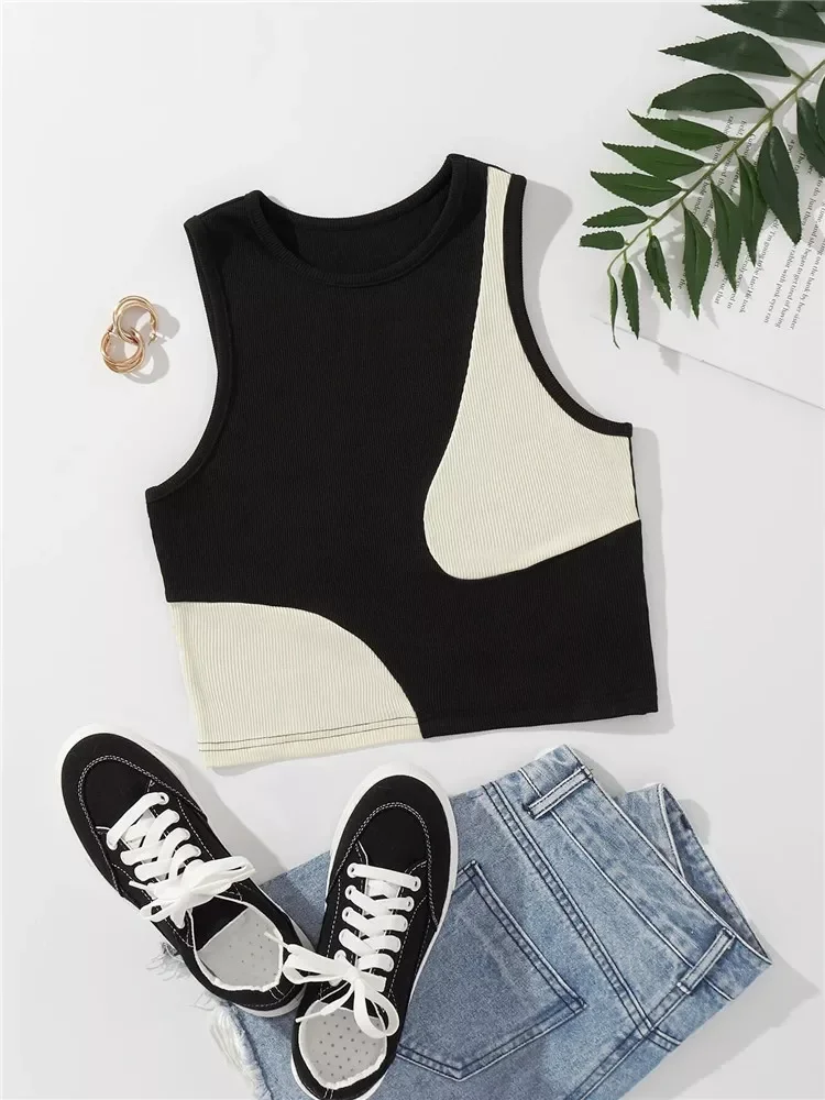 

2023NEW Y2K Summer Contrast Color Rib-knit Tank Top Streetwear Goth Black Grunge Patchwork Sleeveless Crop Vest Tee Shirt 2022