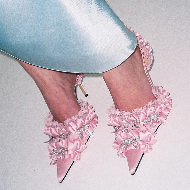 

Туфли-лодочки Liyke женские на высоком каблуке-шпильке, элегантные пикантные, со стразами, бантом, со складками, с лепестками, для свадьбы, банкета, розовые