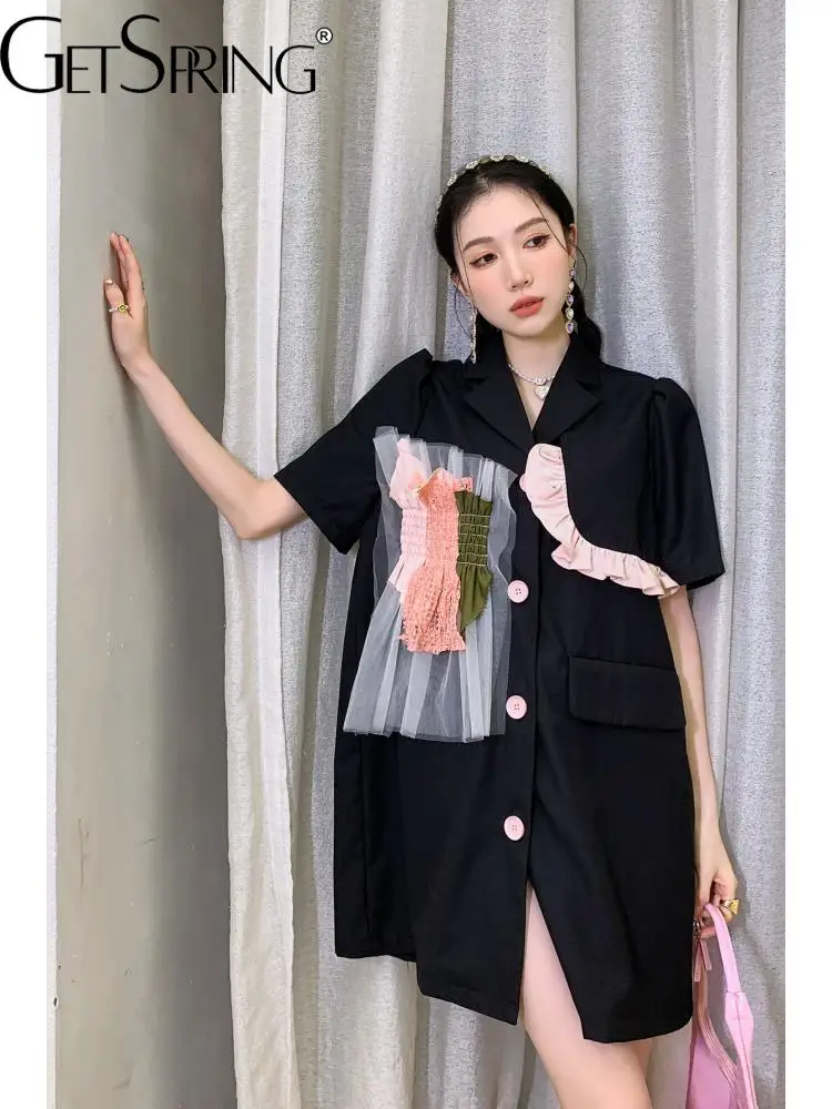 

GetSpring Women Dress Gauze Tie Flower Ruffle Asymmetric Suit Dress Short Sleeve Single Breasted Loose Mini Black Summer Dresses