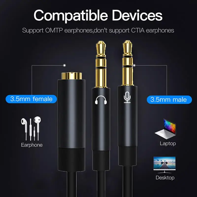 

3.5mm Jack Microphone Headset Audio Splitter Cable Female to 2 Male Headphone Mic Aux Extension Cables For phone Computer Cabo