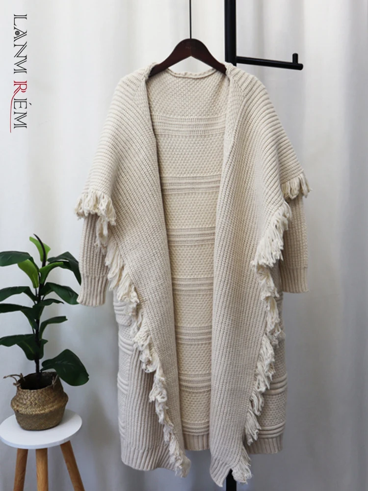 LANMREM High End Soft Knee Length Knitting Cardigan Spring And Winter 2023 New Loose Tassel Sweater Coat Women Clothing 2R8742