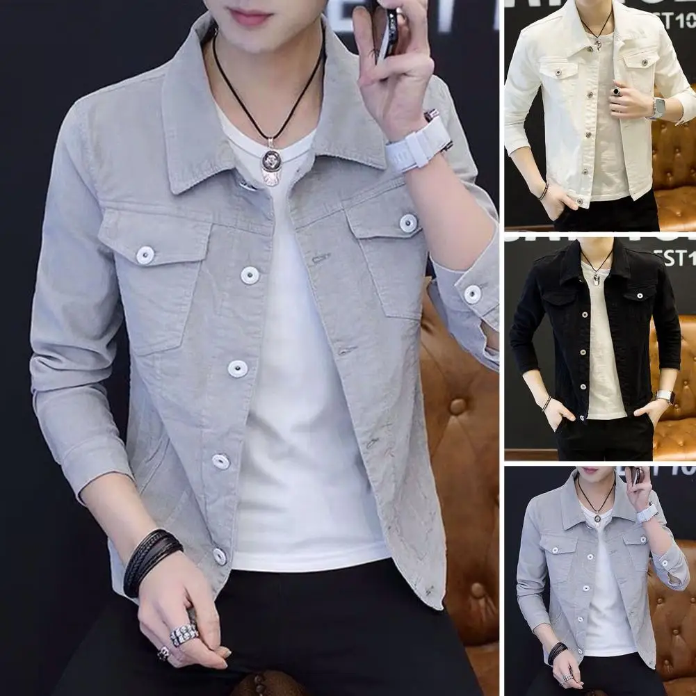 

Куртка мужская Облегающая джинсовая, теплая однотонная верхняя одежда с отложным воротником и длинным рукавом, весна-осень