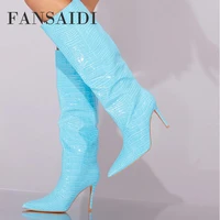 fansaidi fashion womens shoes slip on winter new pointed toe stilettos heels knee high boots high heels sexy elegant 41 42 43
