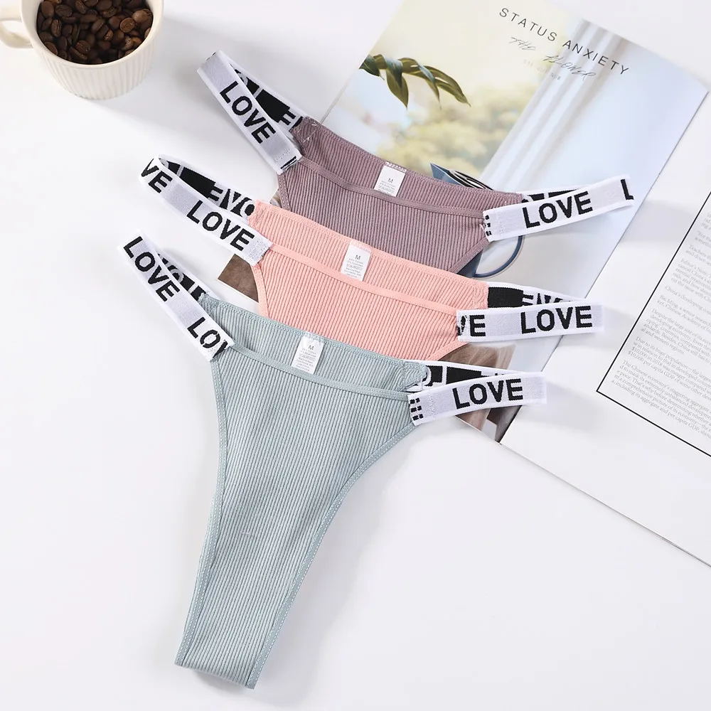 

Letter Pink Cotton Women Thong Elastic Comfy Underwear Ribbed High Quality Female Panties high-Cut Low Waist Ladies Lingerie