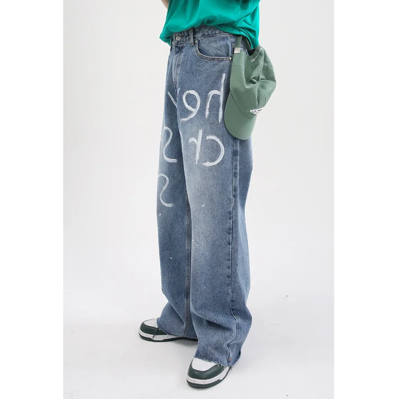 Streetwear Men 2022 Fashion New Pattern Vintage Recreational Blue Jeans Loose Straight Cylinder Broad Leg Trousers Autumn Female