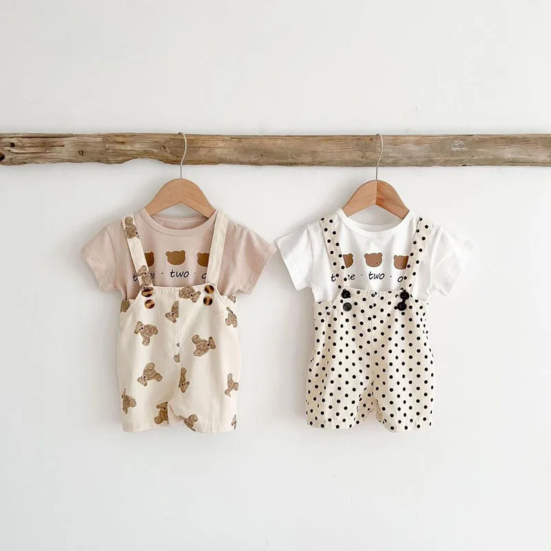 

2022 New Summer Baby Clothing Sets Bear Print Short Sleeves Clothes Infant Overalls Three Bears Tees 2PCS Suit Baby Outfits