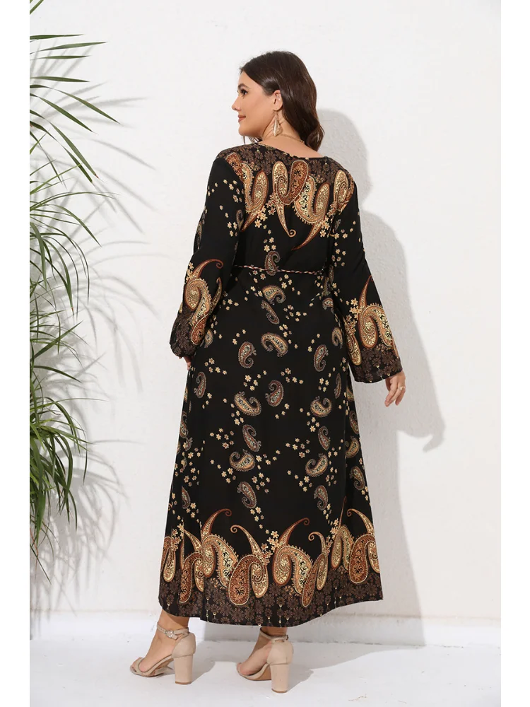 Middle East new large size long sleeve dress women's spring and autumn cashew nut print loose and slim skirt plus size dresses