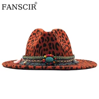 trend unisex flat brim wool fedora hats womens classic leopard grain tassel band decor trilby panama felt jazz top hats for men
