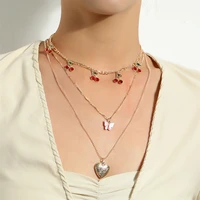 fashion red cherry openable peach heart necklace multilayer pink butterfly pendant punk womens fashion necklace