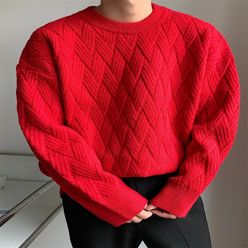 Men'S Sweater Diamond Pattern Twisted Flower Thickened Slouchy Style South Korean Autumn And Winter Net Red Knitted Undercoat
