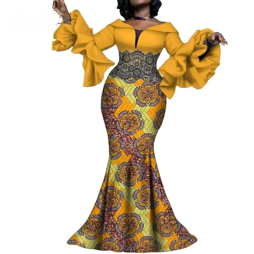 Платье-Макси женское с высокой талией и черным кружевом WY10137