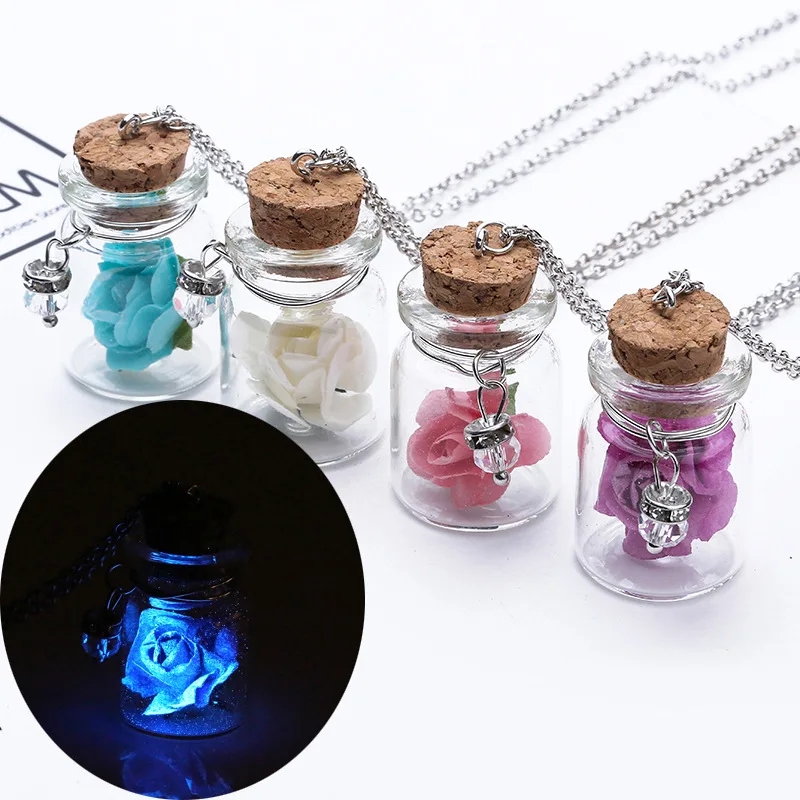 Glowing Necklaces for Women Cute Glass Bottle Flower Necklace Bohemia Drift Bottle Pendent Neck Chain Glow in The Dark Jewelry