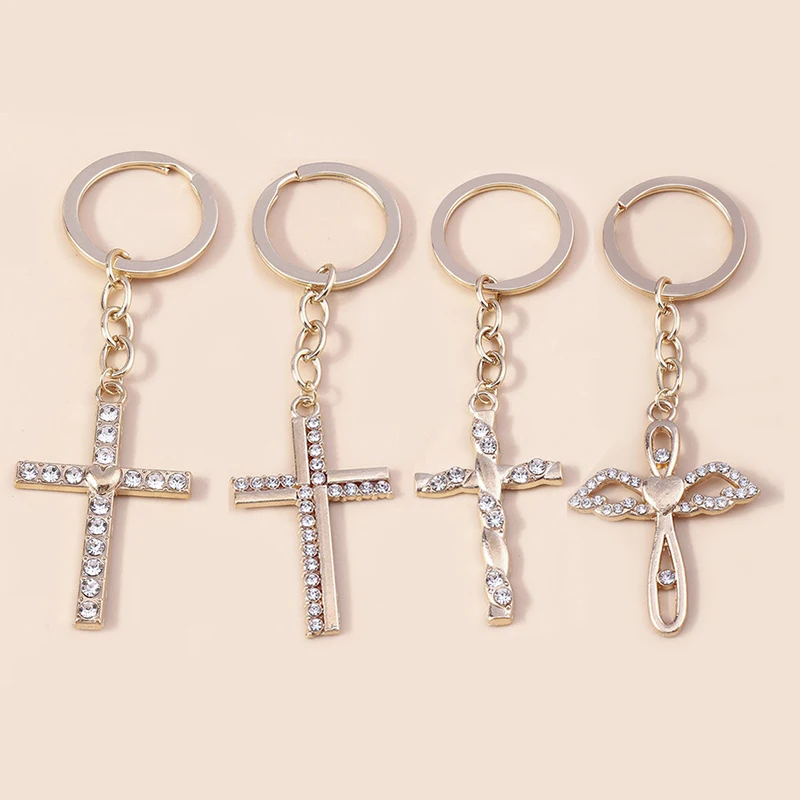 Fashion Cross Keychain for Women Men Gold Color Dazzling Crystal Religious Jesus Crucifix Key Rings Chain Christian Jewelry