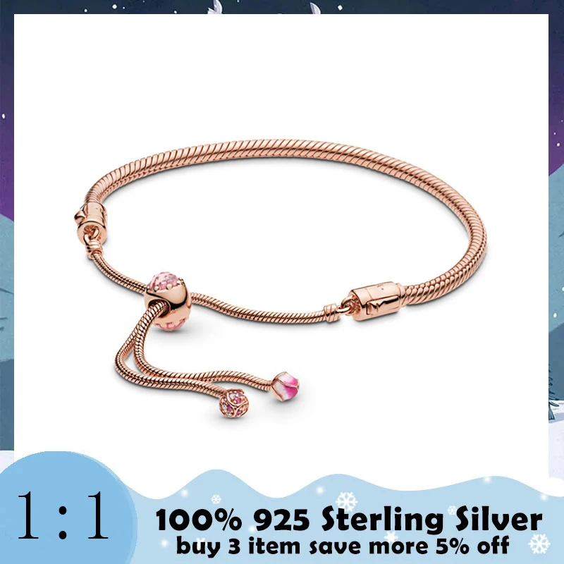 

High Quality100%925 Sterling Silver Peach Blossom Shrink Bracelet Plated In Rose Gold Fashion Exquisite Snake Bone Chain Jewelry