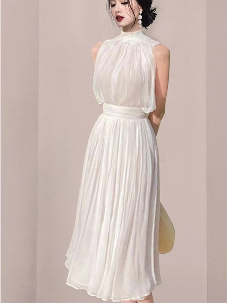 

Temperament Summer Chiffon Set Women Stand Collar Designer Sleeveless Top+Chic High Waist Pleated Long Skirt Two Piece Set