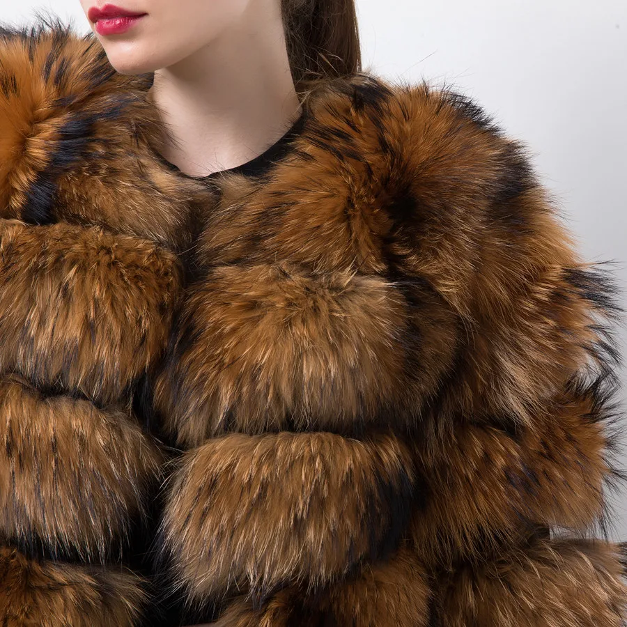 Women Fashion Solid Fur Short Coat Natural Raccoon Fur Jacket Ladies Thicken Warm Fur Overcoat Winter Cold-Resistant Simple