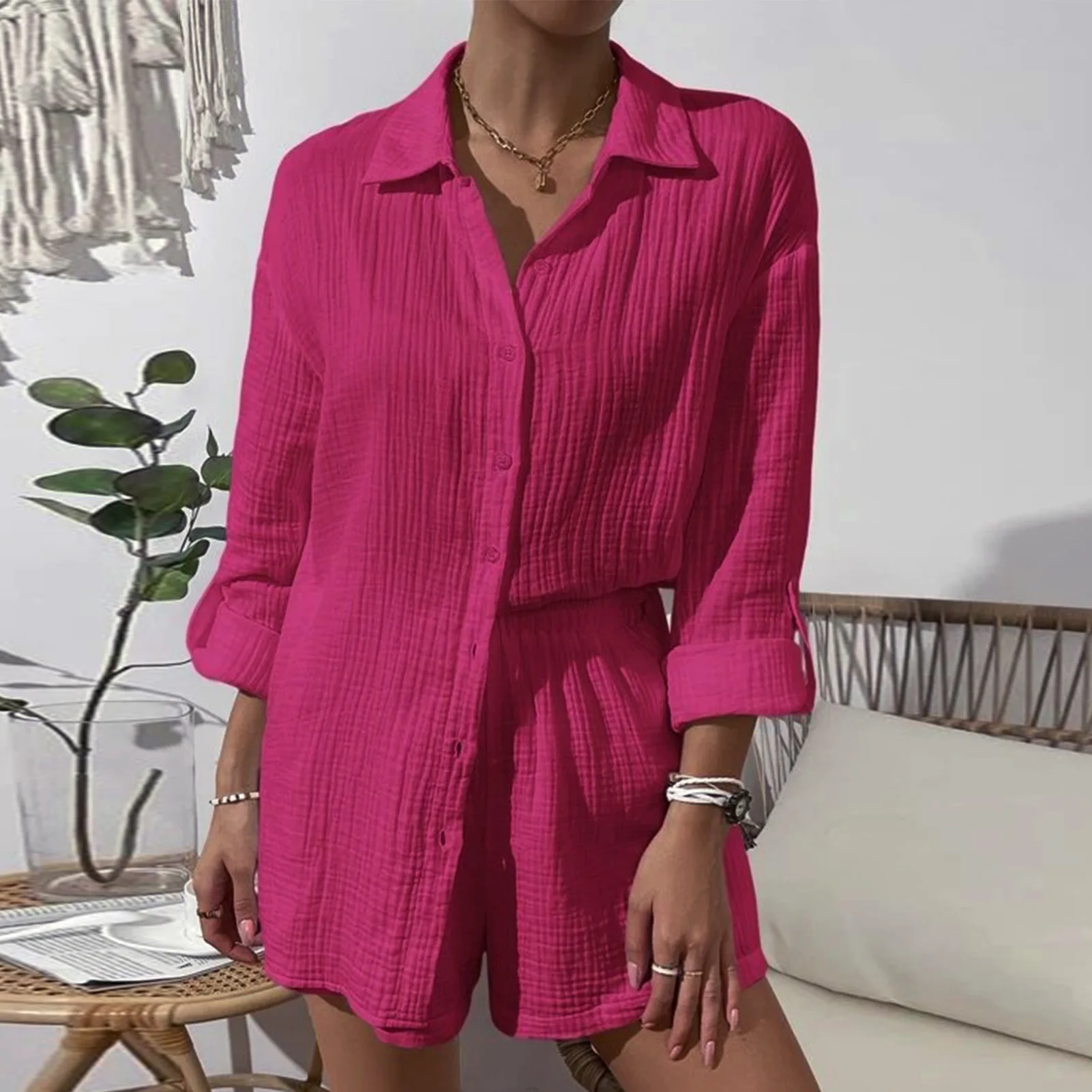 

Women Long Sleeve Shirts & Shorts Set Loose Cotton Button Down Blouse & Shorts Suits Solid Color Comfy Summer Tracksuit Set