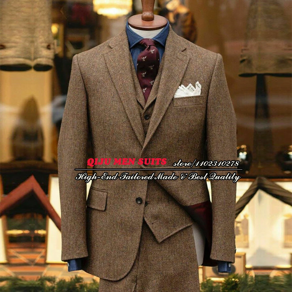 

Костюм мужской из твида и шерсти, приталенный пиджак в елочку, деловая и офисная одежда, винтажный костюм коричневого цвета, для свадьбы