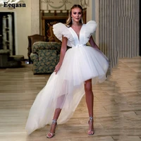 eeqasn white tulle high low short prom party dresses 2022 sexy v neck corset back evening gowns women bride wedding dresses