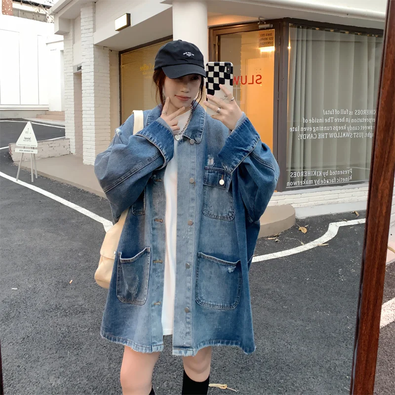 

Женская джинсовая куртка оверсайз в Корейском стиле, свободный облегающий винтажный Кардиган с длинным рукавом и вареным эффектом, весна 2023