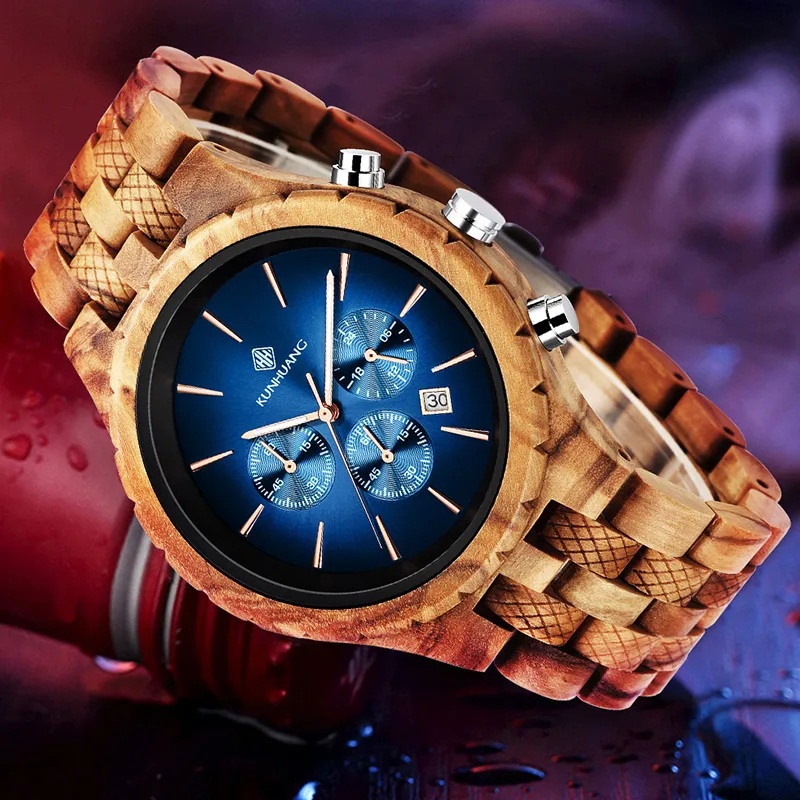Продажа Многофункциональные мужские часы кунhuang, деревянные, светящиеся, с хронографом, для занятий спортом, деревянные часы