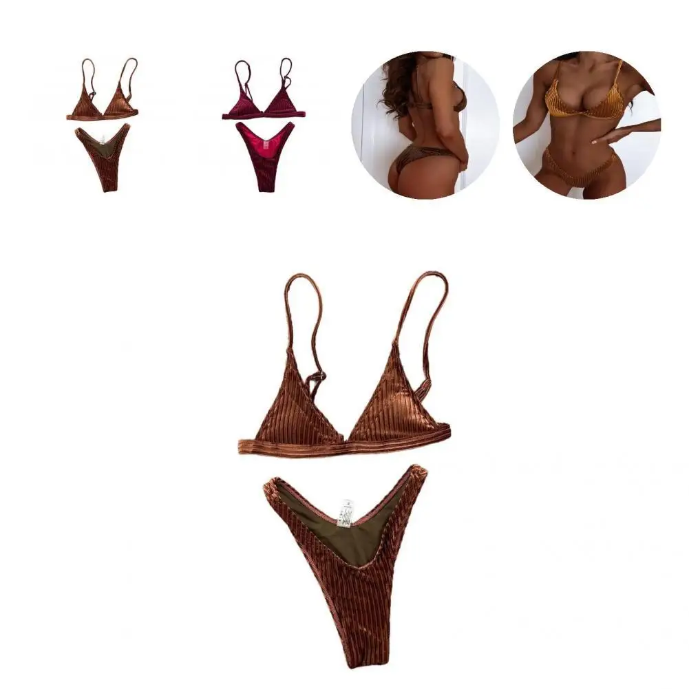 

Charming Summer Swimsuit Ribbed Breathable Pure Color Female Summer Swimwear Sexy Bikini Bra Briefs Set