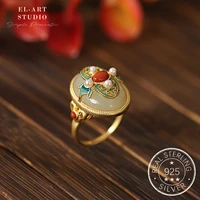 vintage 925 sterling silver gold plated gemstone ring white jade agate pearl cloisonne hollow out craft rings for women ethnic