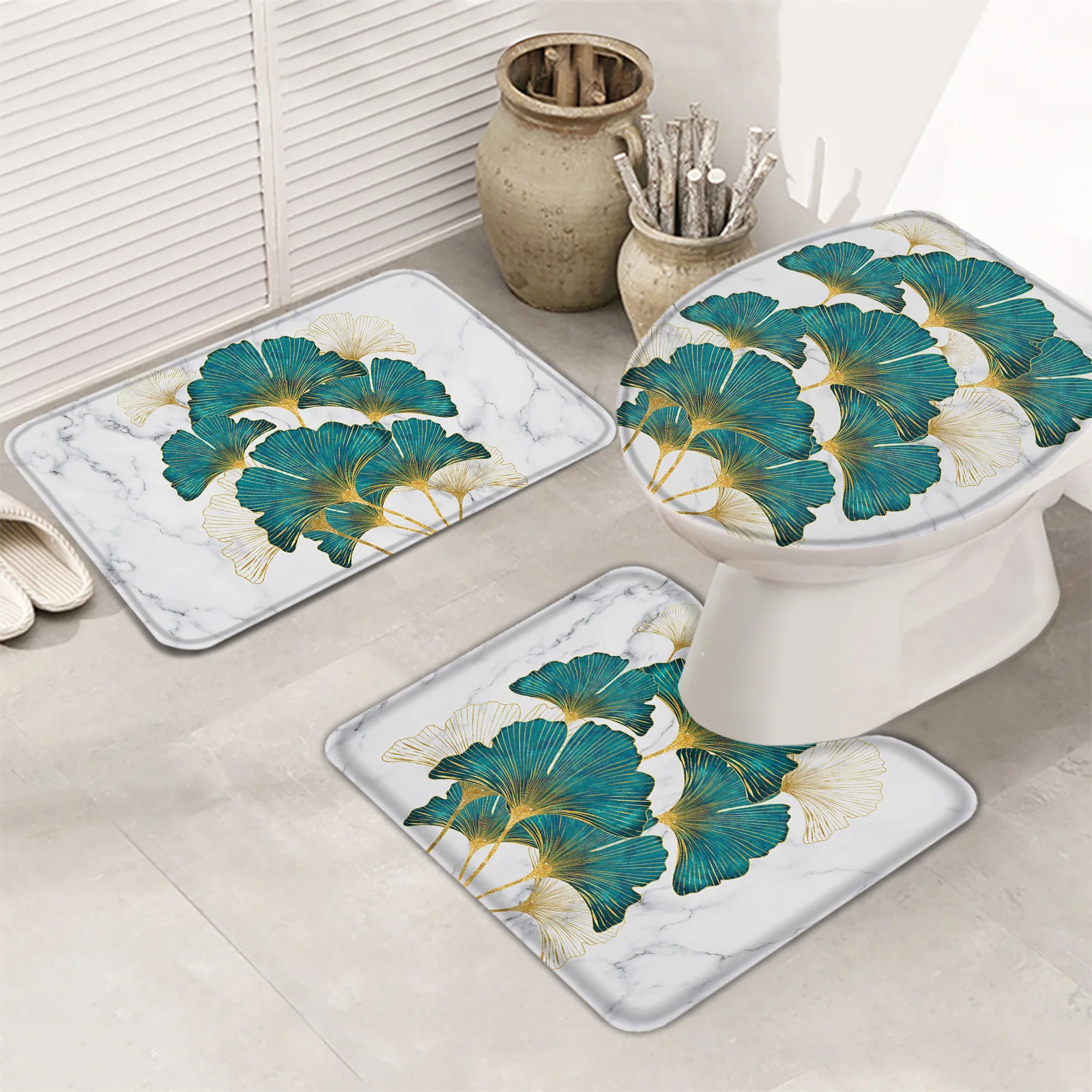 

Ginkgo Biloba Marble Texture Bath Mat Set Bathroom Carpet Anti-Slip Bath Mat Doormats Decor Toilet Seat Cover Rug