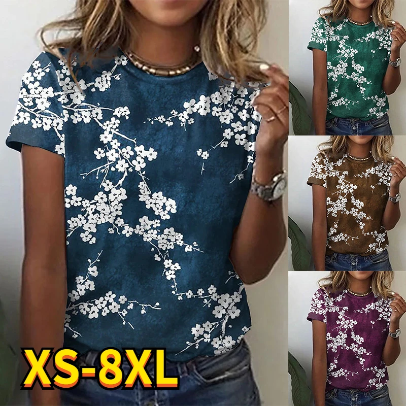 

2022 New Fashion Women's T Shirt Flower Bird Patchwork Print Round Neck Basic Tops White / 3D Print Pullover Plus Size 8XL