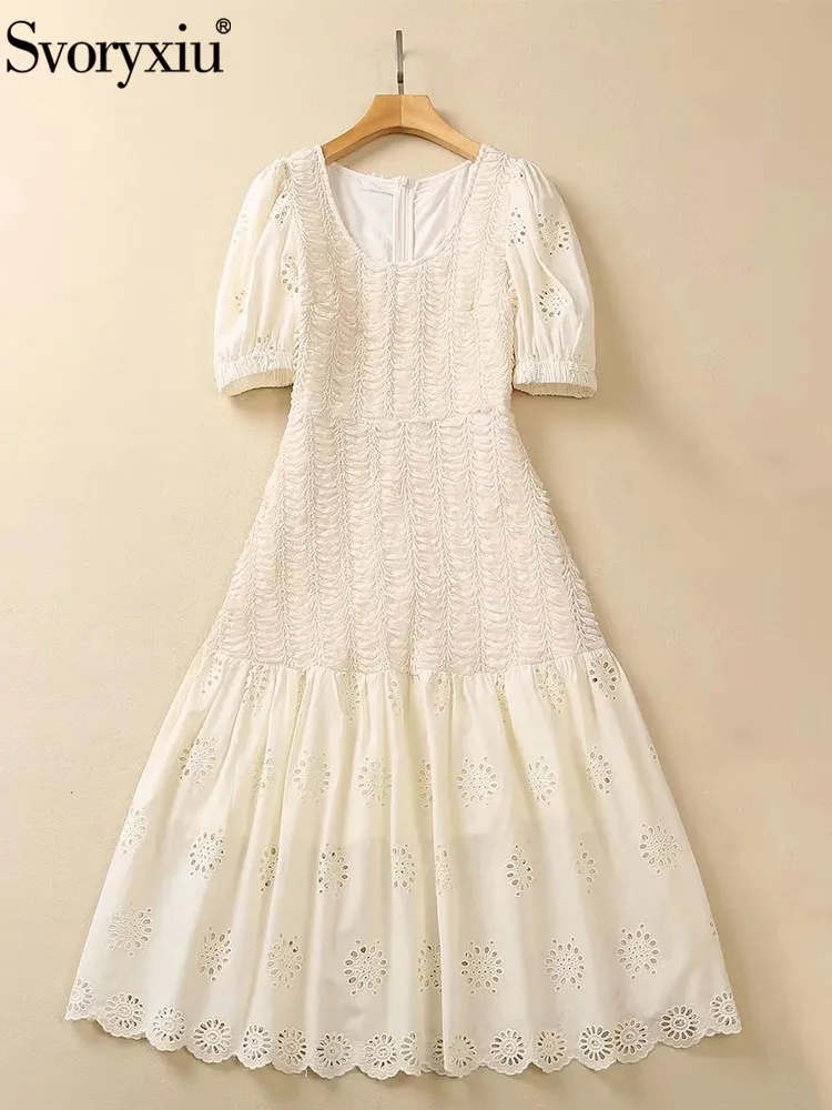 

Svoryxiu High Quality Summer Designer Fashion Vintage Beige Color Mini Dress Women's Lantern Sleeve Hollow Out High Waist Dress