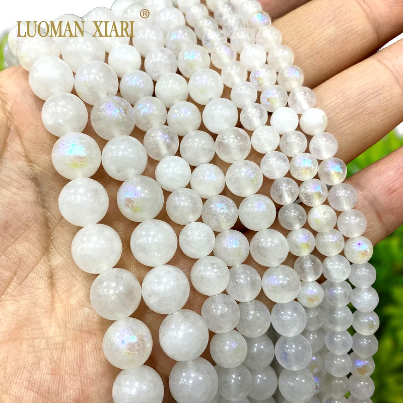 

Круглые бусины-разделители из натурального белого халцедона 6, 8, 10 мм, имитация Луны, аксессуары для браслетов 15 дюймов