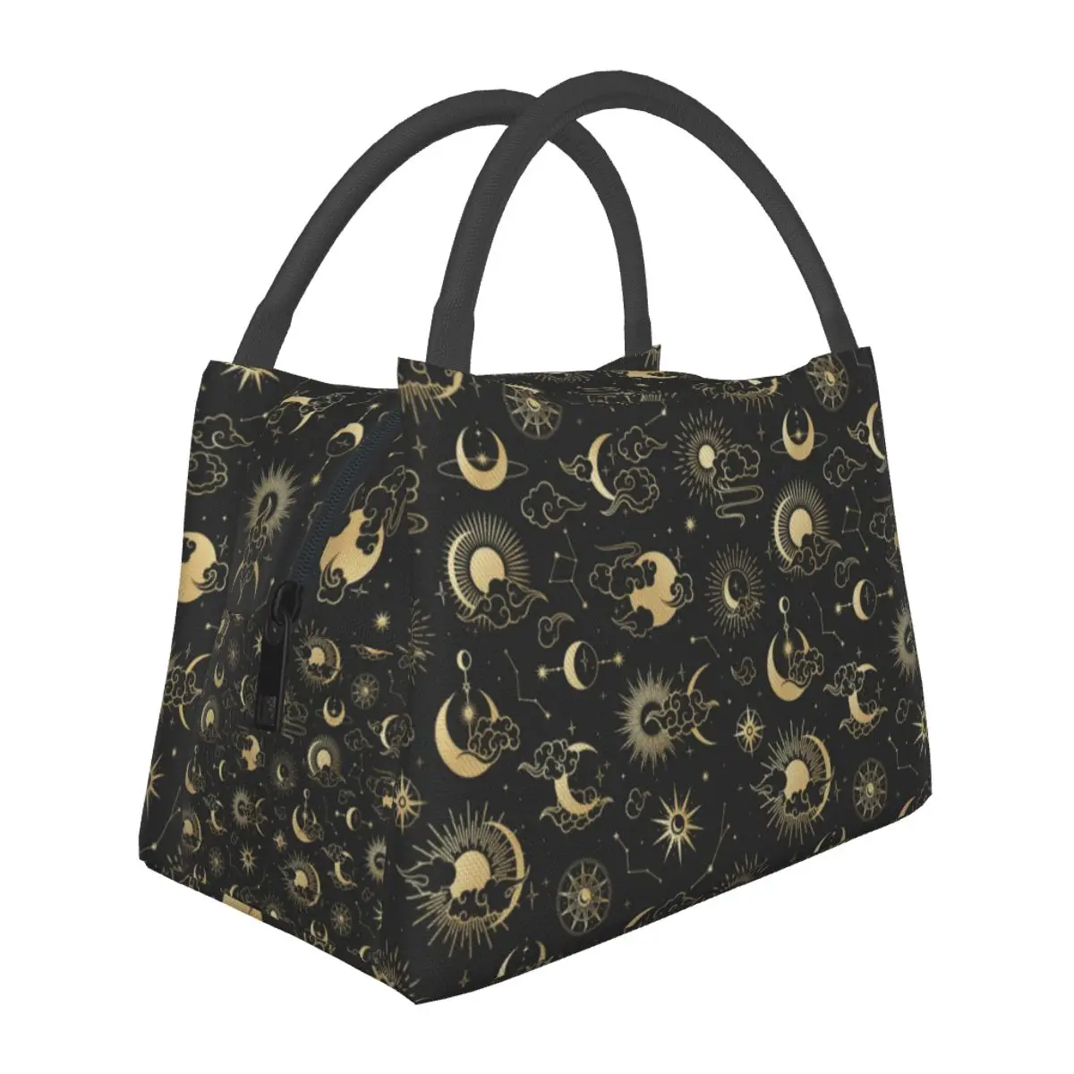 

Black And Gold Moon Lunch Bag Star Sun Astrology Art Aesthetic Lunch Box Office Tote Handbags For Child Oxford Print Cooler Bag