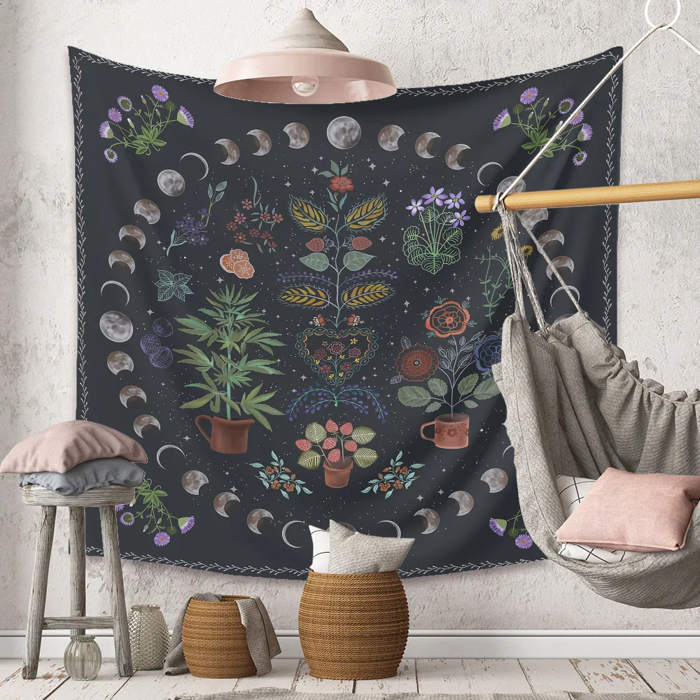 America Style Tapestry Home Room Wall Hanging Moon Phase Flowers And Plants Pattern Not Fade Fabric Painting Bohemian Decoration