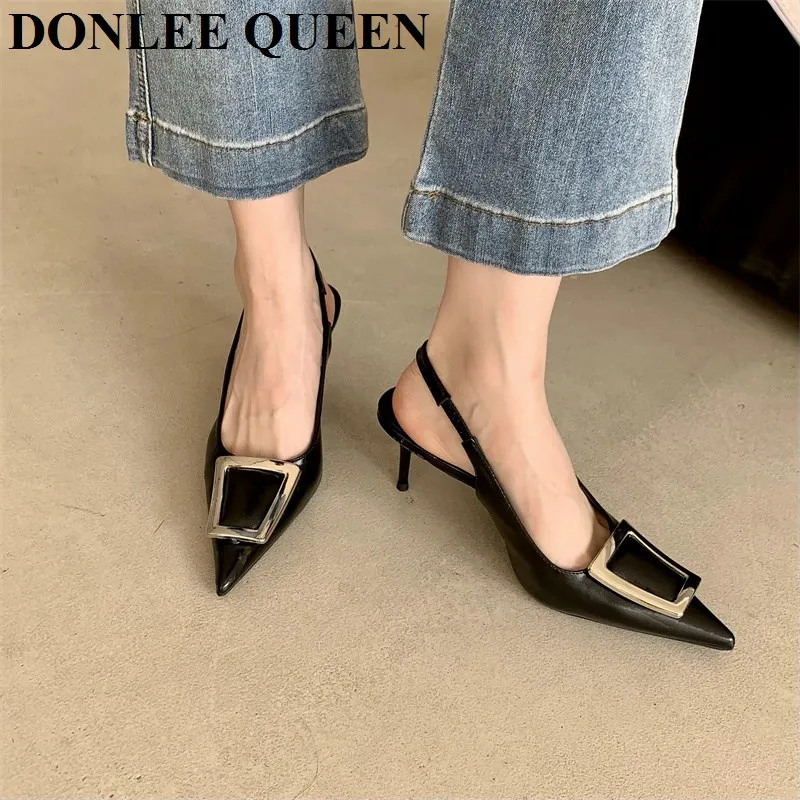 Fashion High Heel Shoes Women Slingback Sandals Female Pointed Toe Elegant Pumps For Party Shoes Brand Buckle Slip On Mule Mujer