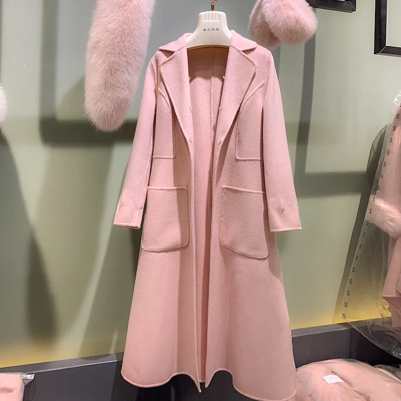 FURYOUME Luxury Real Fur Coat Winter Women Cashmere Wool Jacket Long Natural Fox Fur Collar Detachable Fashion Ladies Outerwear