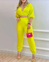 2022 fashion new womens spring and autumn v neck lantern sleeve crop top cuffed pants set female lady casual two pieces set