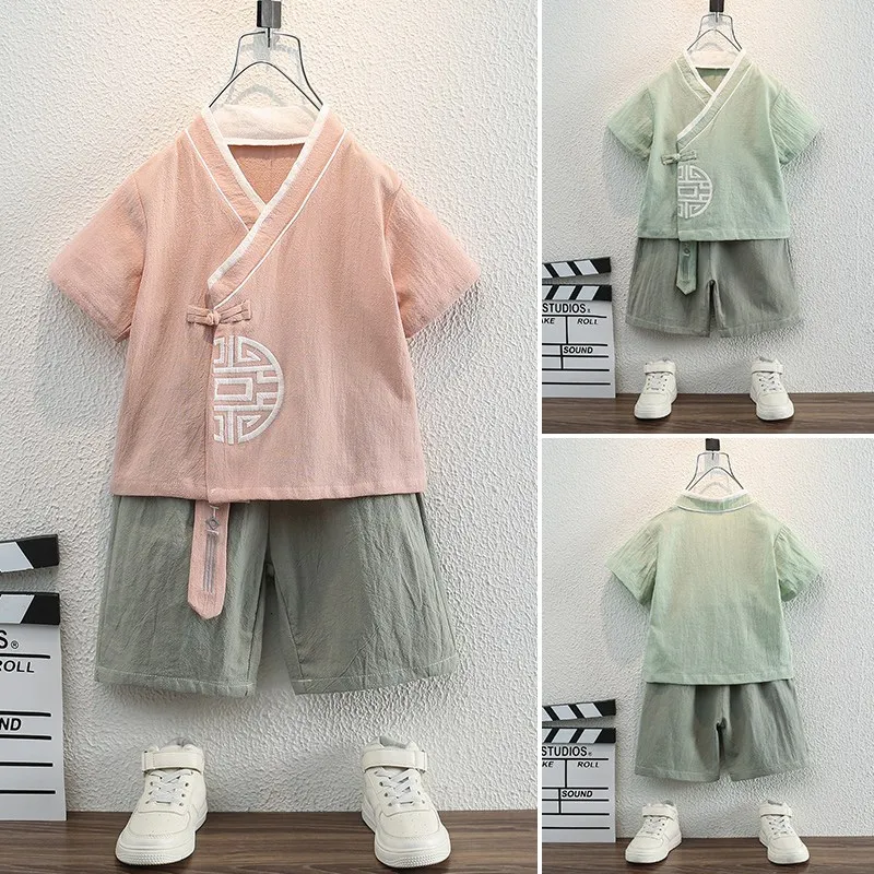 Boys summer Chinese style Tang dress Hanfu short sleeve set cotton 3-4-2 year old baby ancient costume children two sets