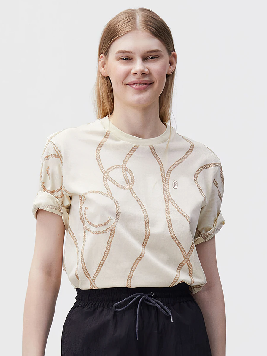 

Rope Graphic Print T-Shirt Top Summer Woman O Neck Artistic Beige Cotton Tee Shirts Femme Casual T-shirt Fashion Pullover 2022