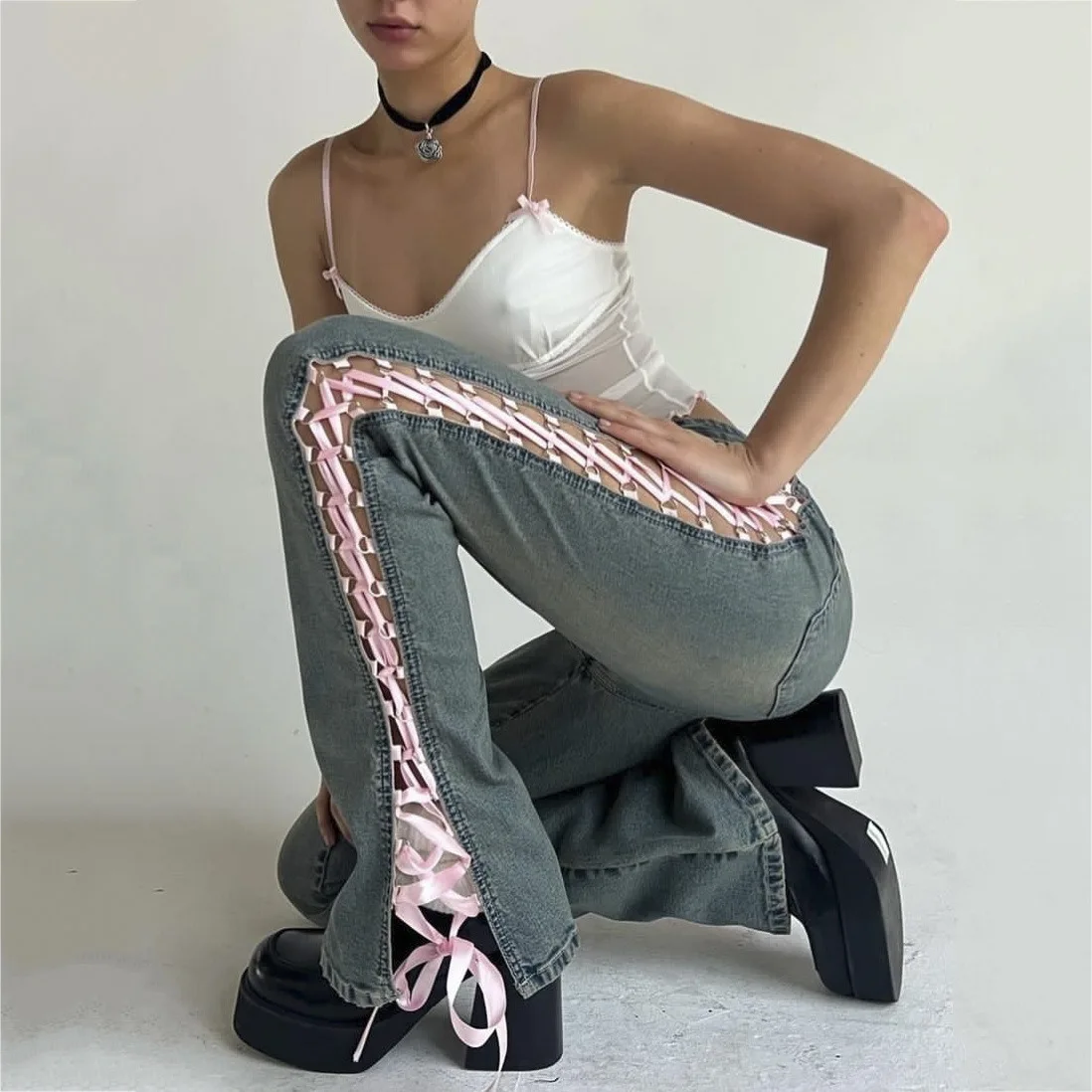 

Vintage Low Waist Flare Jeans Women Summer Sexy Hollow Out Cross Lace-up Skinny Boot-cut Denim Pants Y2k Slim Bell Bottom Jeans
